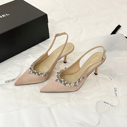 Rhinestone Stiletto Heel Pointed Toe Satin Open Back Sandals for Women