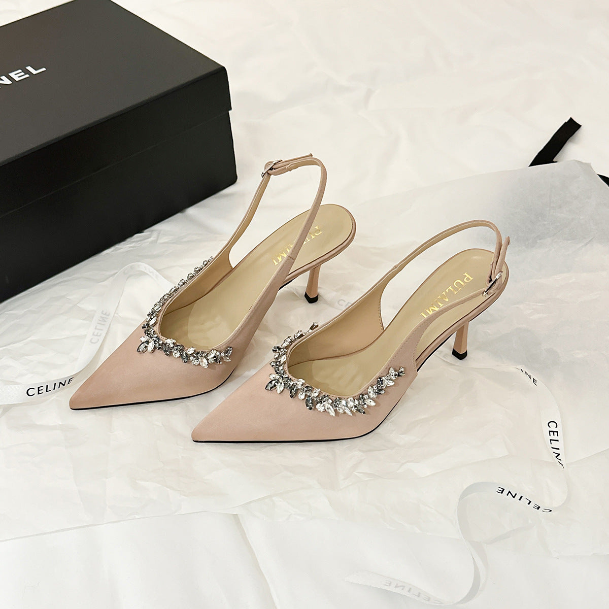 Rhinestone Stiletto Heel Pointed Toe Satin Open Back Sandals for Women