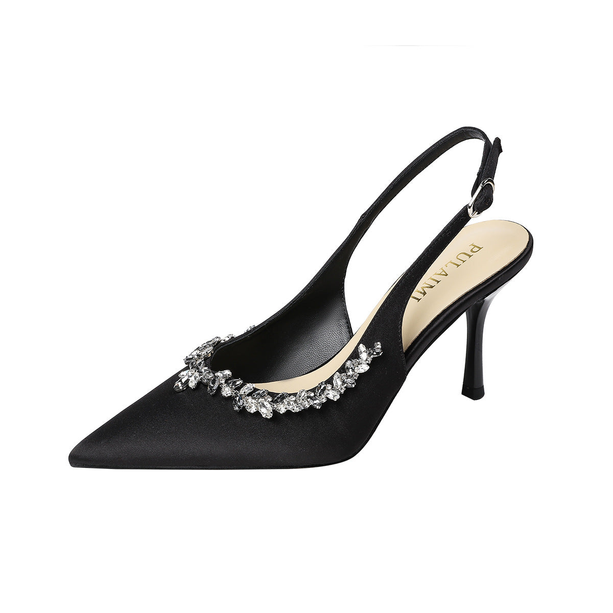 Rhinestone Stiletto Heel Pointed Toe Satin Open Back Sandals for Women