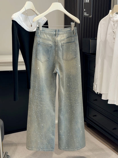 Rhinestone Wide Leg Denim Pants