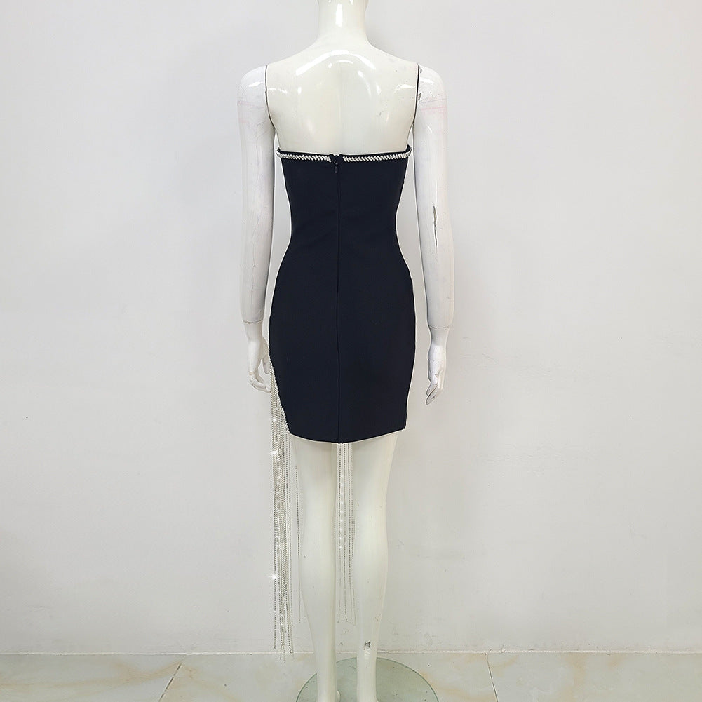 Rhinestone-Wrapped Sexy Slit Tassel Bandage Tube Top Dress