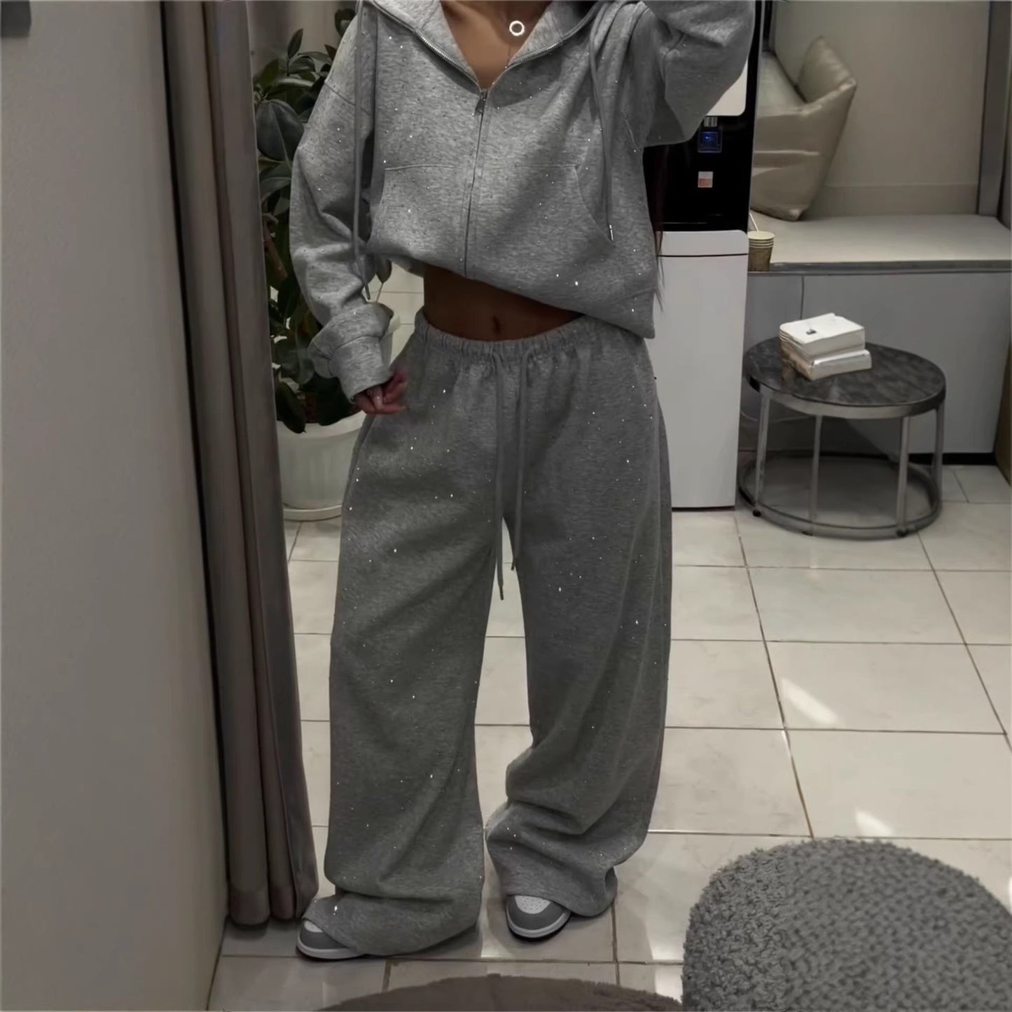 Rhinestone Zipper Hoodie and Wide-Leg Pants
