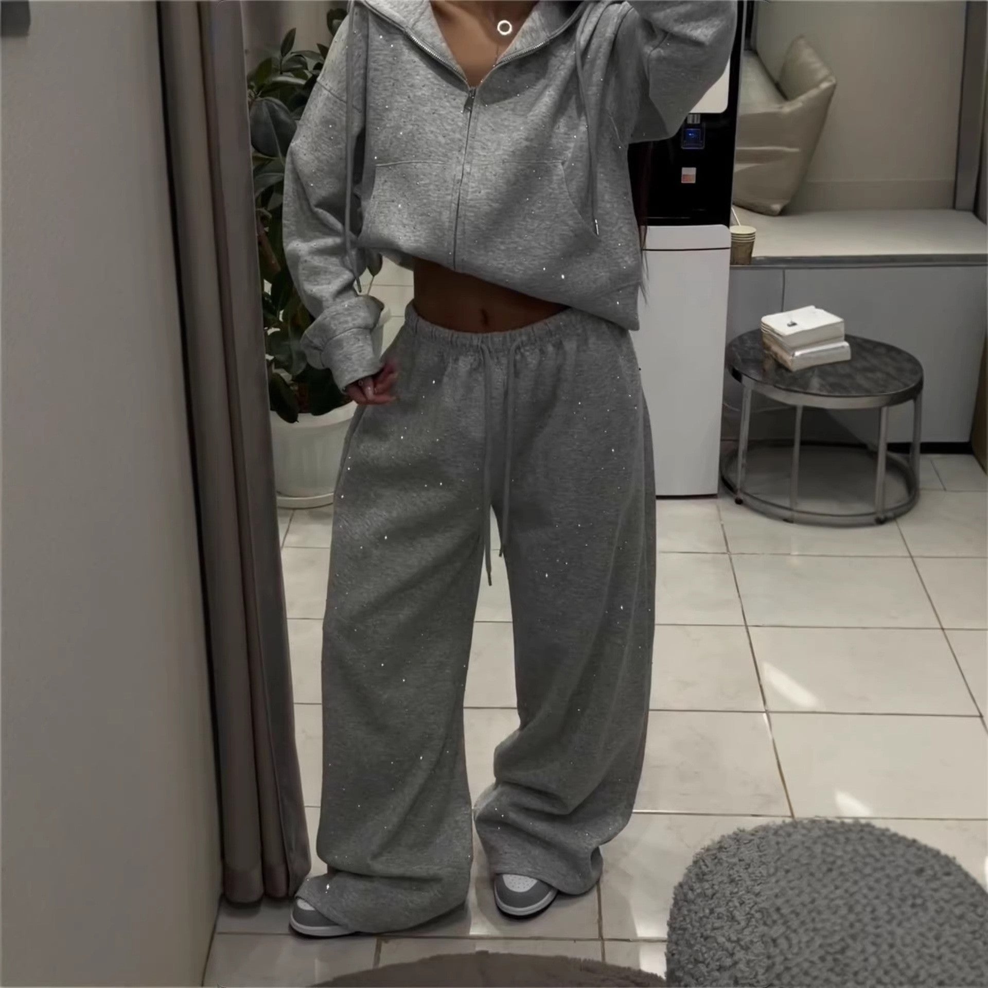 Rhinestone Zipper Hoodie and Wide-Leg Pants
