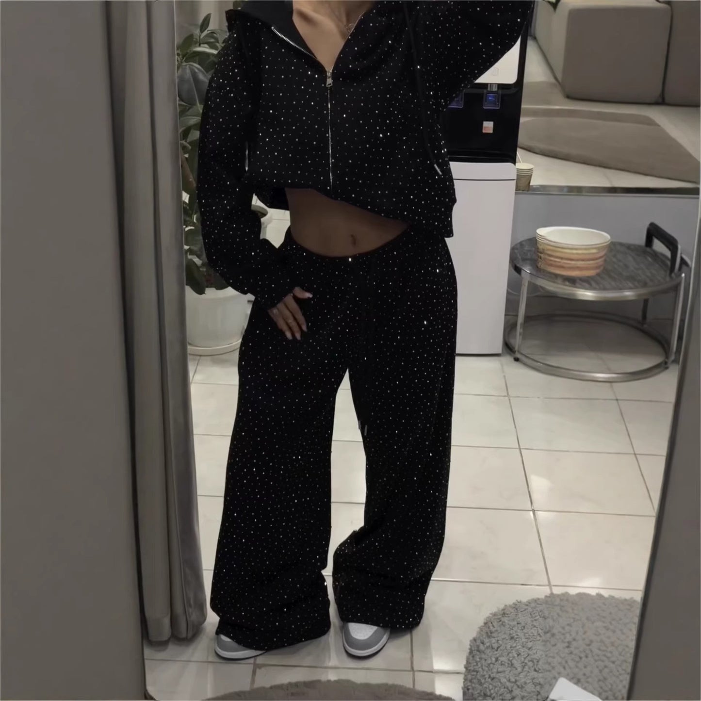 Rhinestone Zipper Hoodie and Wide-Leg Pants