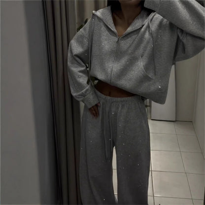 Rhinestone Zipper Hoodie and Wide-Leg Pants