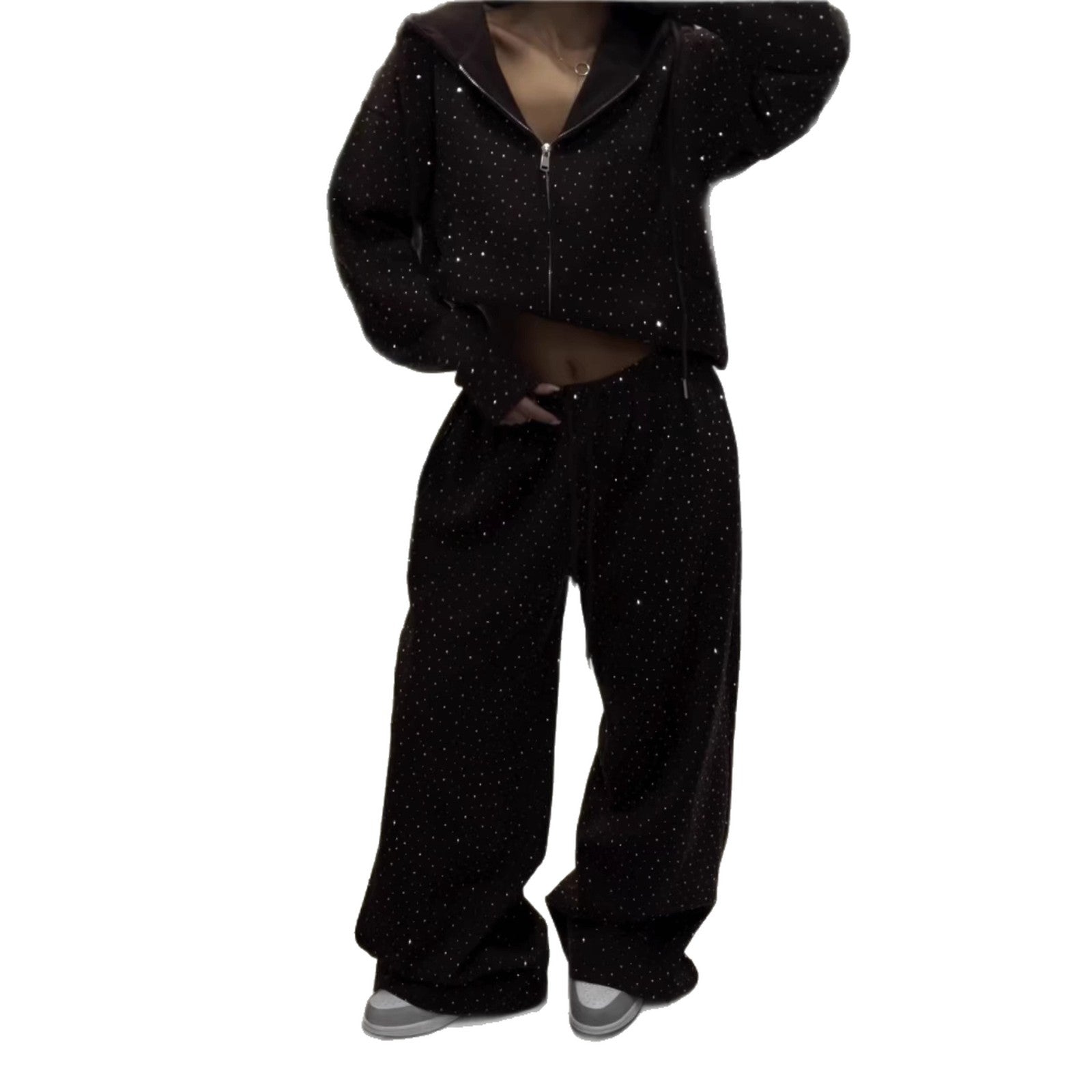 Rhinestone Zipper Hoodie and Wide-Leg Pants