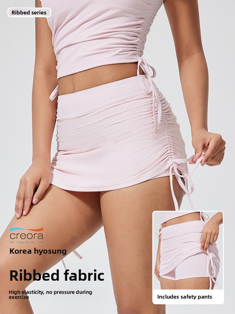 Ribbed Drawstring Yoga Skirt Women Sports Shorts