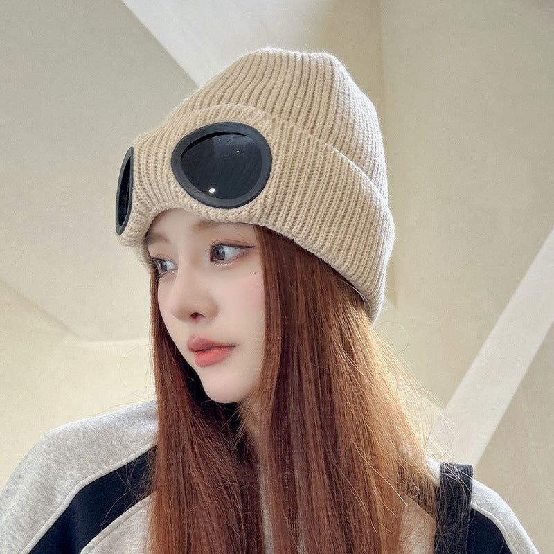 Ribbed Knitted Winter Hat with Glasses Design