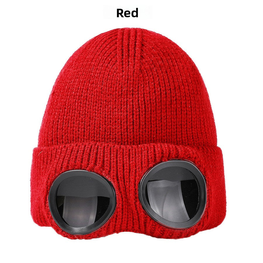 Ribbed Knitted Winter Hat with Glasses Design