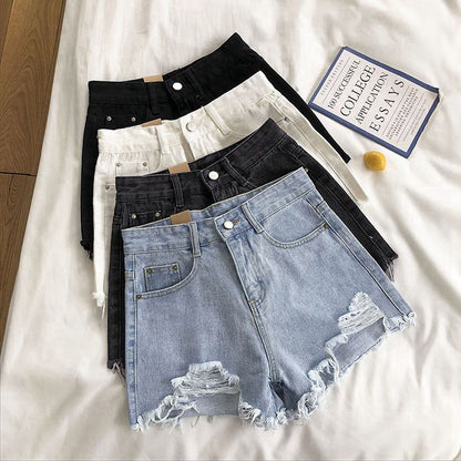 Ripped Denim Shorts High Waisted Wide Leg
