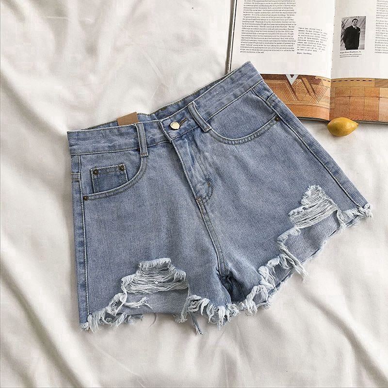 Ripped Denim Shorts High Waisted Wide Leg