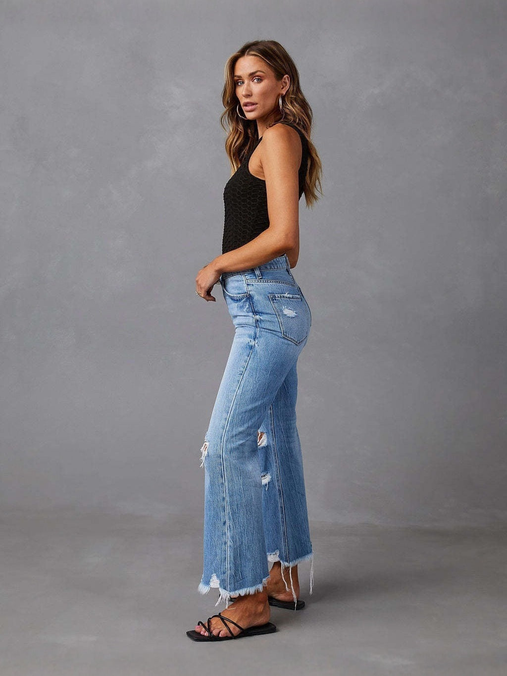 Ripped Tassel Washed Wide Leg Jeans