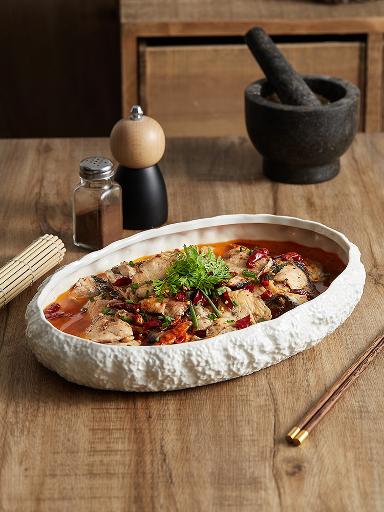 Rock Pattern Deep Steamed Fish Ceramic Plate