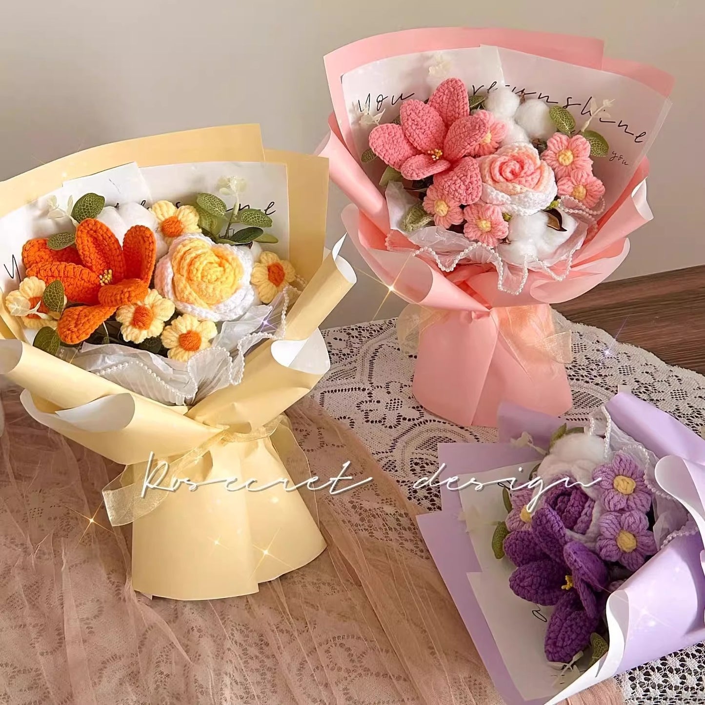Rose and tulip knitted bouquet
