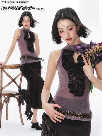 Rose Hollow Out Velvet Ruffle Sleeveless Top