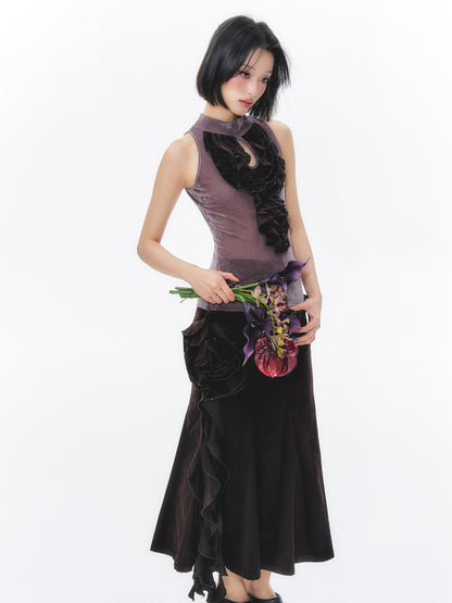 Rose Hollow Out Velvet Ruffle Sleeveless Top
