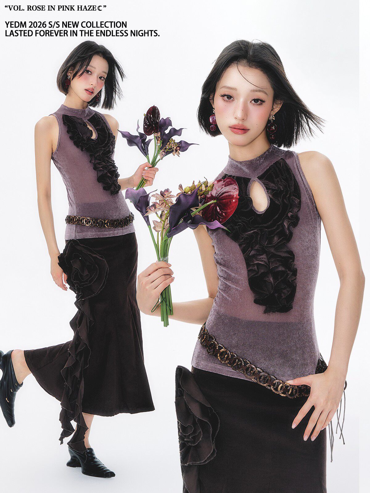 Rose Hollow Out Velvet Ruffle Sleeveless Top