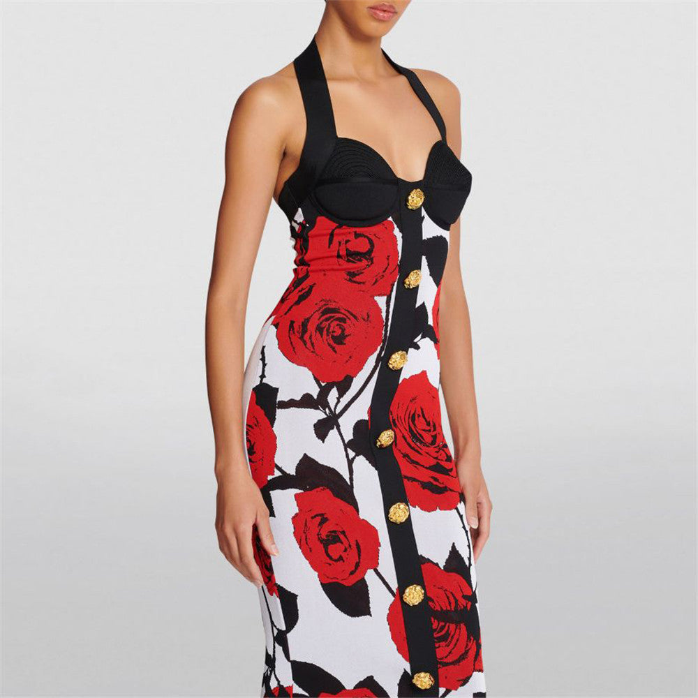 Rose patterned knitted dress