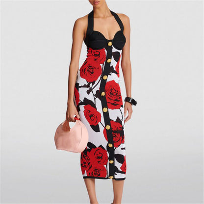 Rose patterned knitted dress