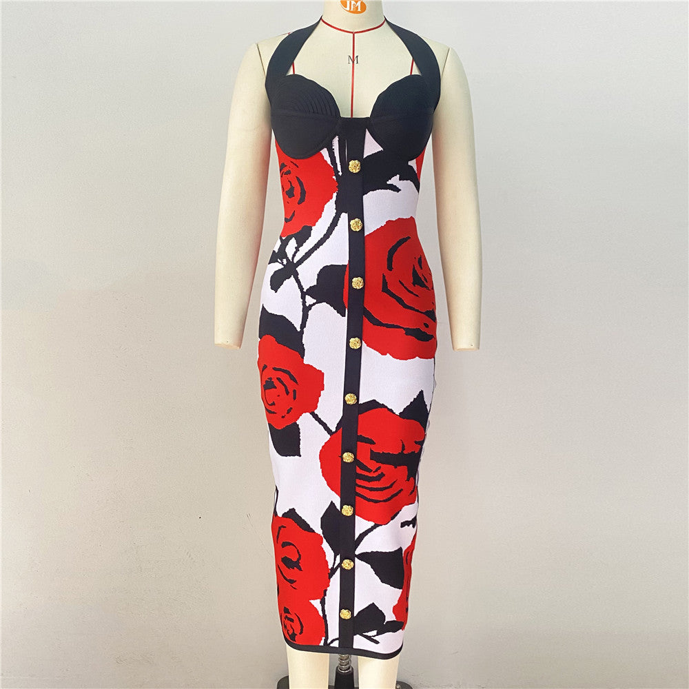 Rose patterned knitted dress