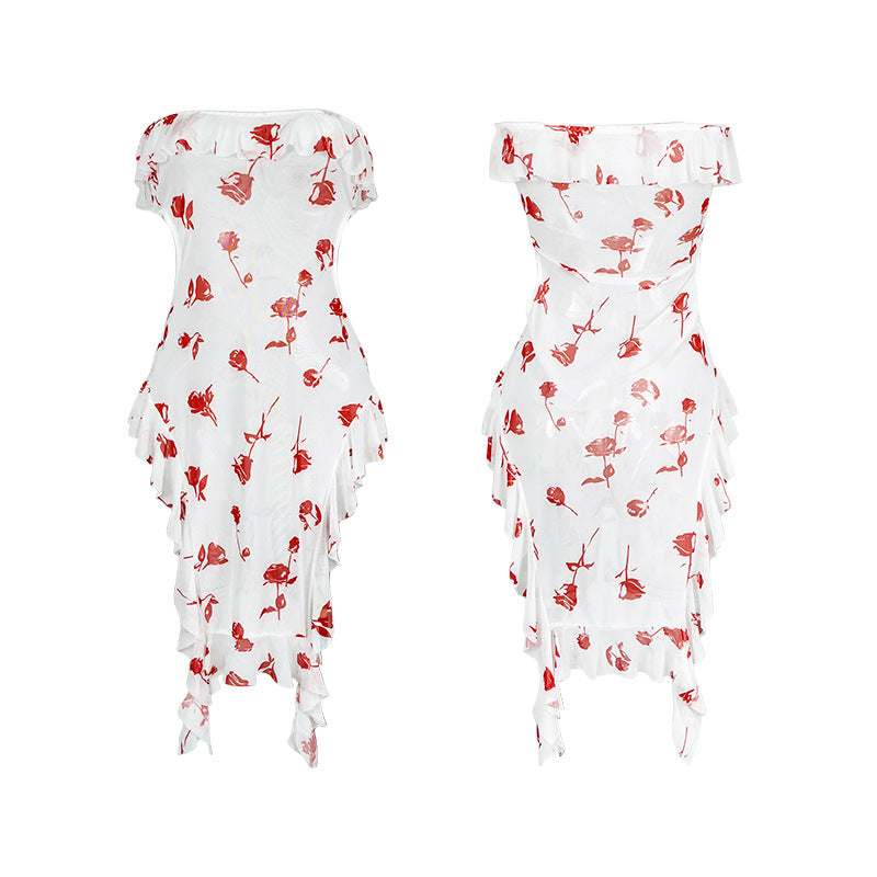 Rose Print Mesh Nightgown with Ruffled Hem