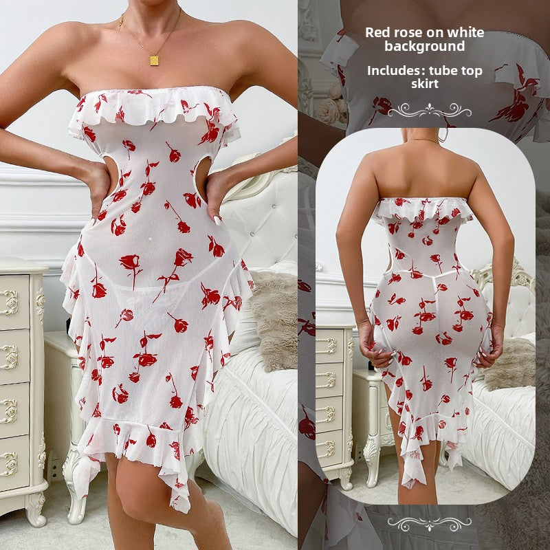 Rose Print Mesh Nightgown with Ruffled Hem