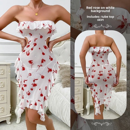 Rose Print Mesh Nightgown with Ruffled Hem