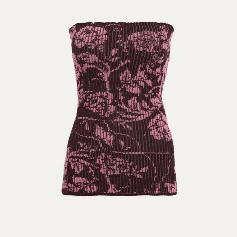 Rose Print Wool Stretch Strapless Vest