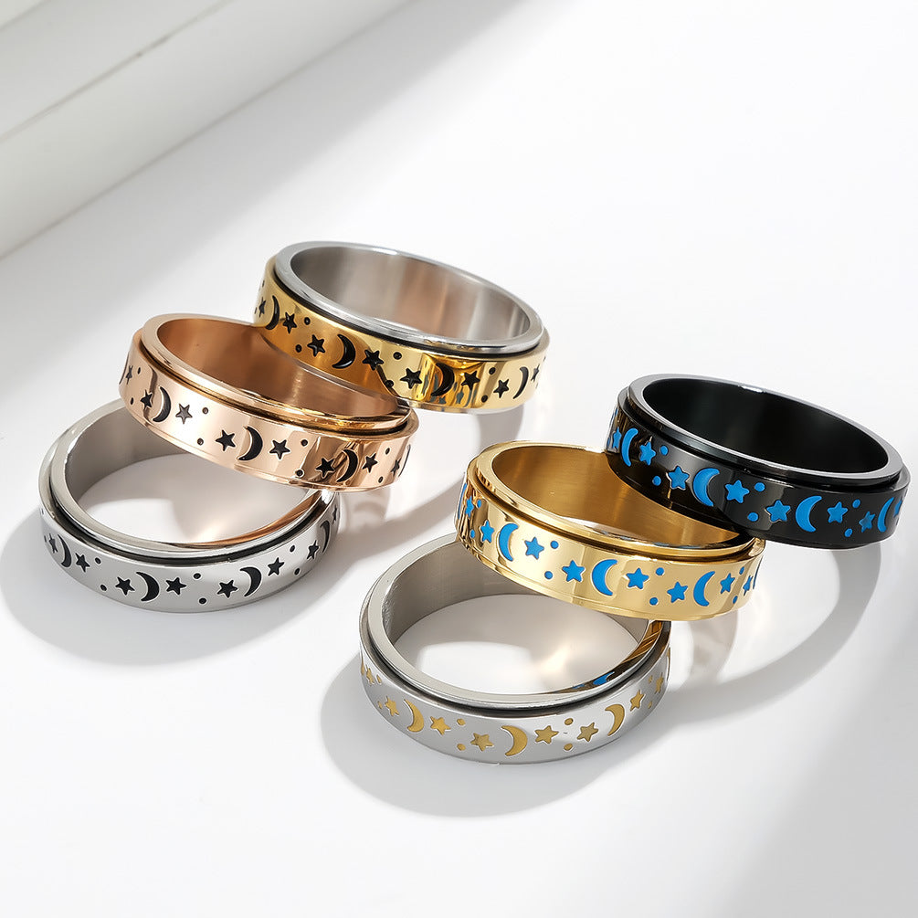 Rotatable Star Moon Luminous Titanium Steel Ring