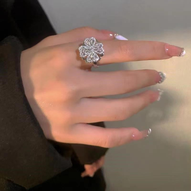 Rotatable Zircon Flower Adjustable Ring