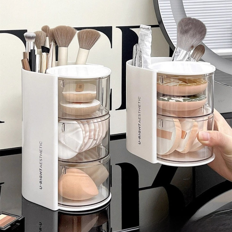 Rotating Makeup Brush Organizer with Powder Puff Storage