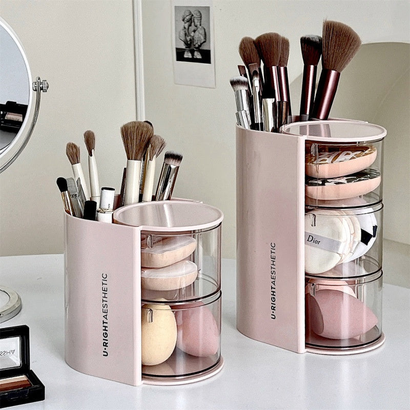Rotating Makeup Brush Organizer with Powder Puff Storage