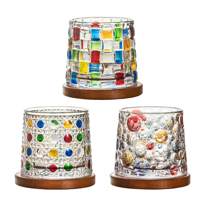 Rotating Pattern Whiskey Glass with Wooden Base