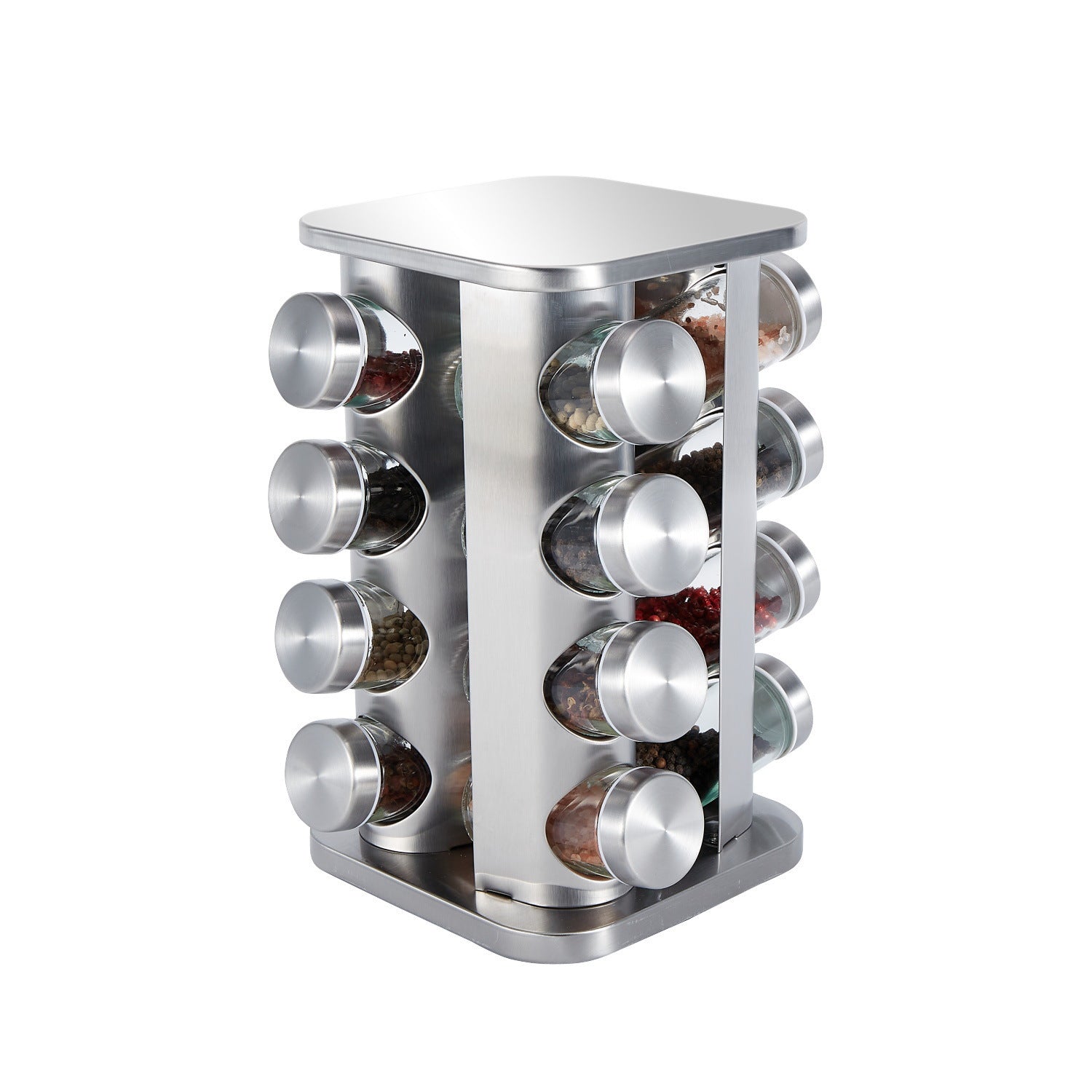 Rotating Stainless Steel Spice Rack with Glass Bottles
