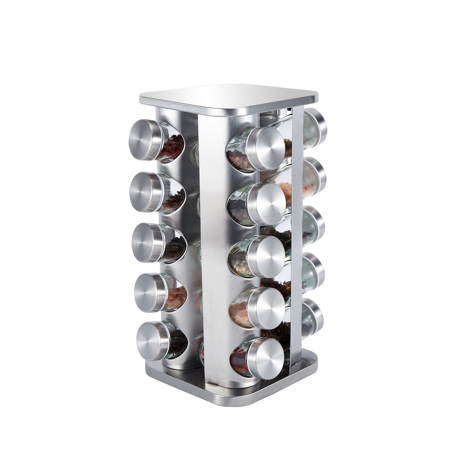 Rotating Stainless Steel Spice Rack with Glass Bottles
