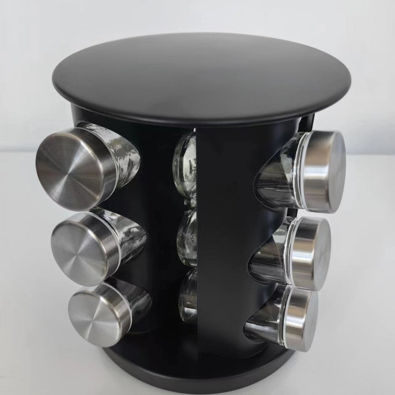 Rotating Stainless Steel Spice Rack with Glass Bottles