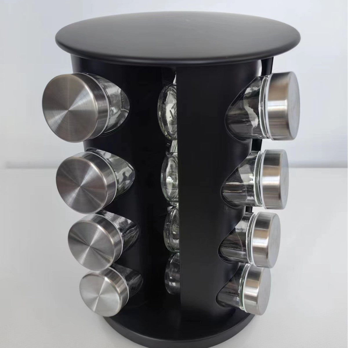 Rotating Stainless Steel Spice Rack with Glass Bottles
