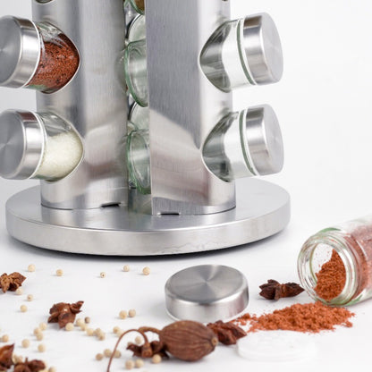 Rotating Stainless Steel Spice Rack with Glass Bottles