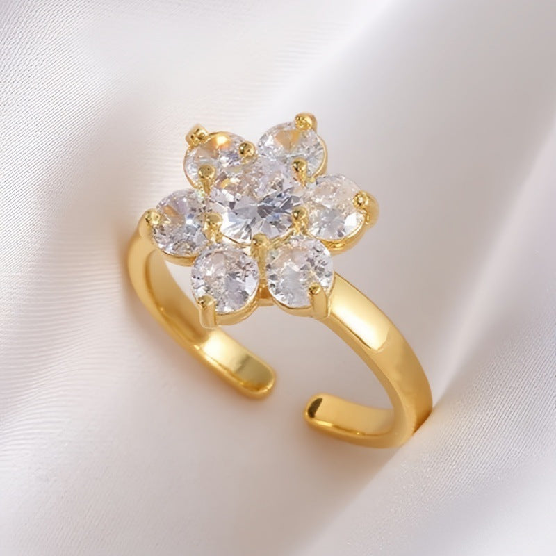 Rotating Zircon Four-Leaf Clover Adjustable Ring