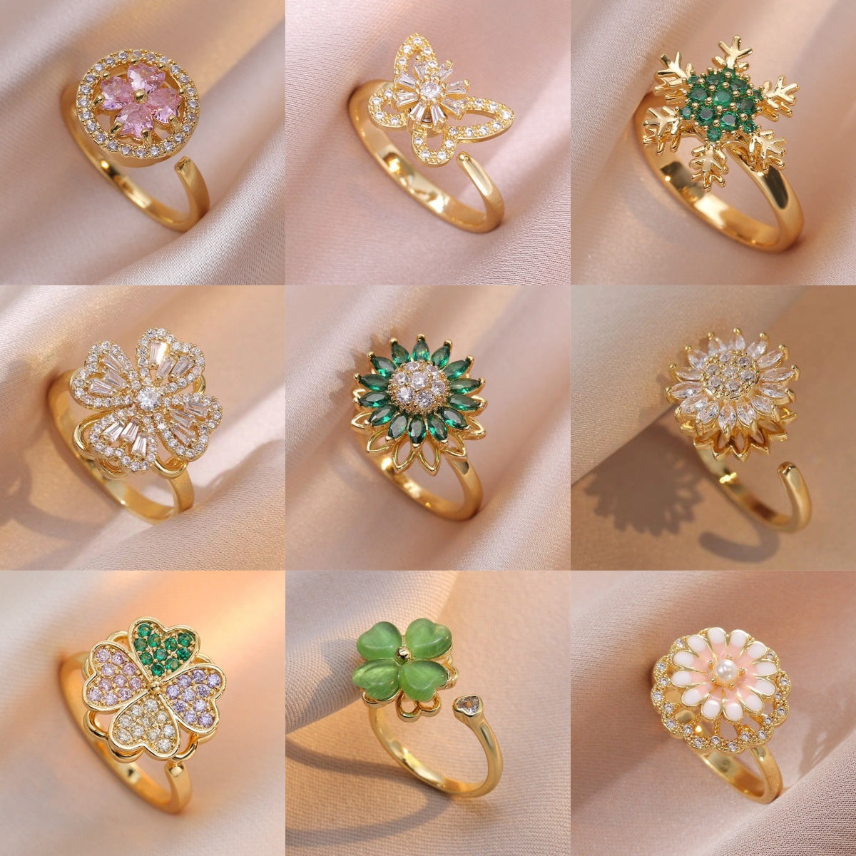 Rotating Zircon Four-Leaf Clover Ring for Women