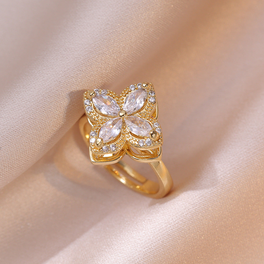 Rotating Zircon Four-Leaf Clover Ring for Women