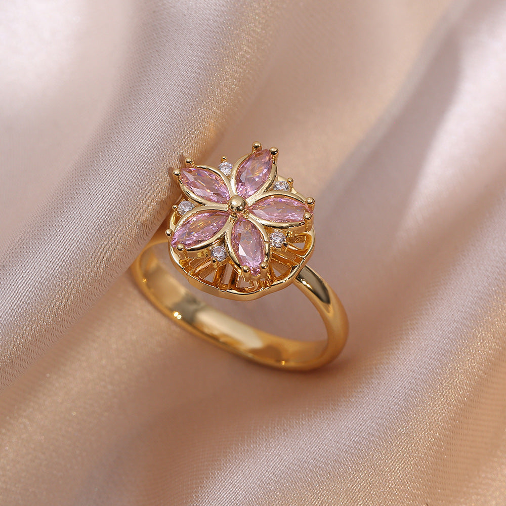 Rotating Zircon Four-Leaf Clover Ring for Women