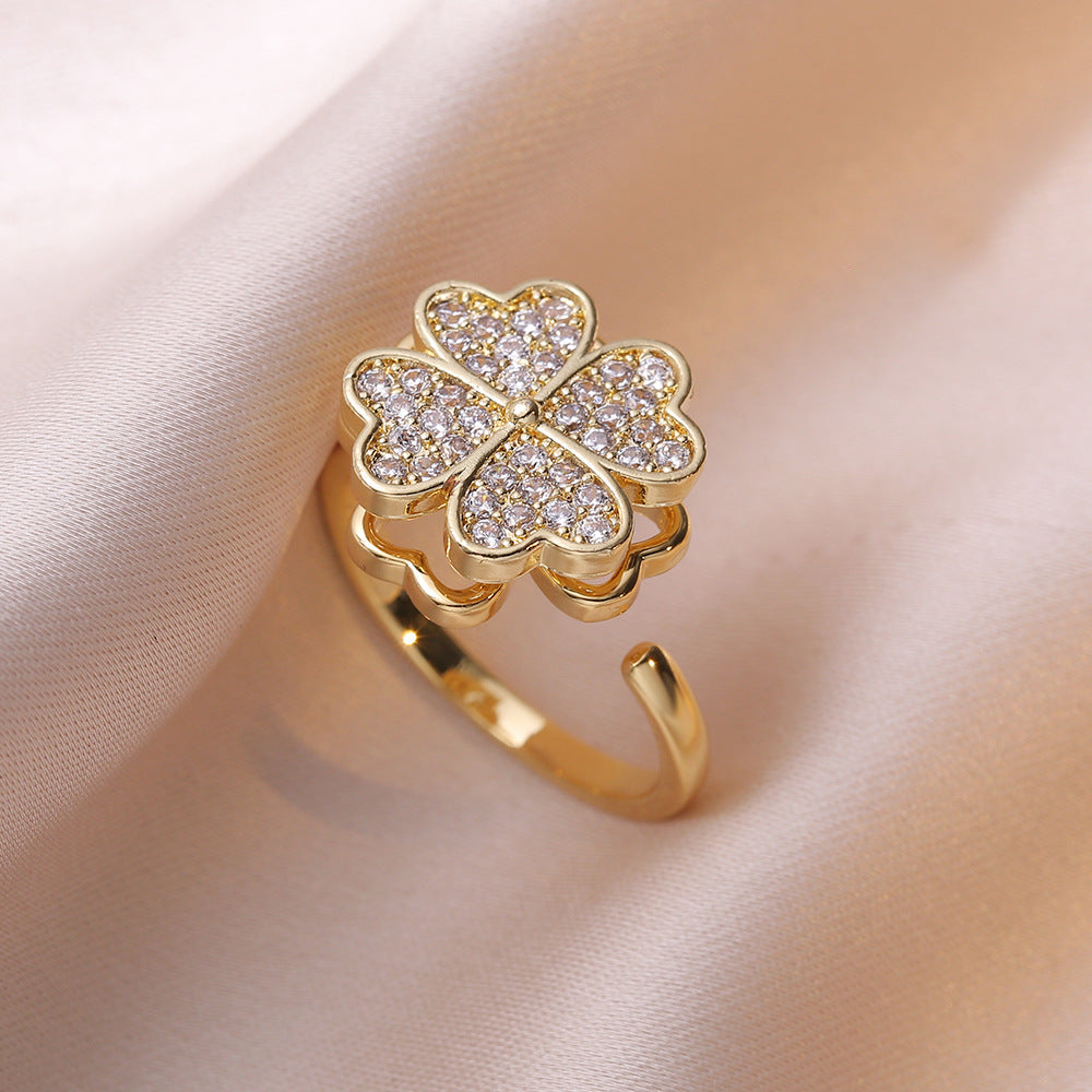 Rotating Zircon Four-Leaf Clover Ring for Women