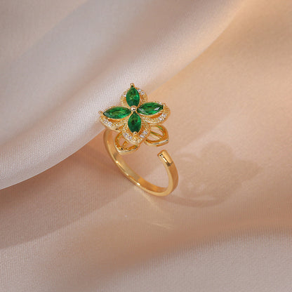 Rotating Zircon Four-Leaf Clover Ring for Women