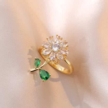 Rotating Zircon Four-Leaf Clover Ring for Women