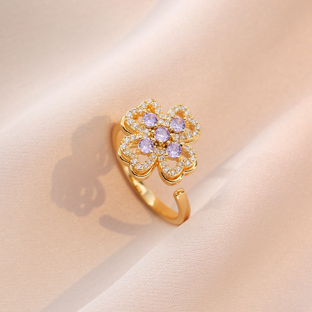 Rotating Zircon Four-Leaf Clover Ring for Women