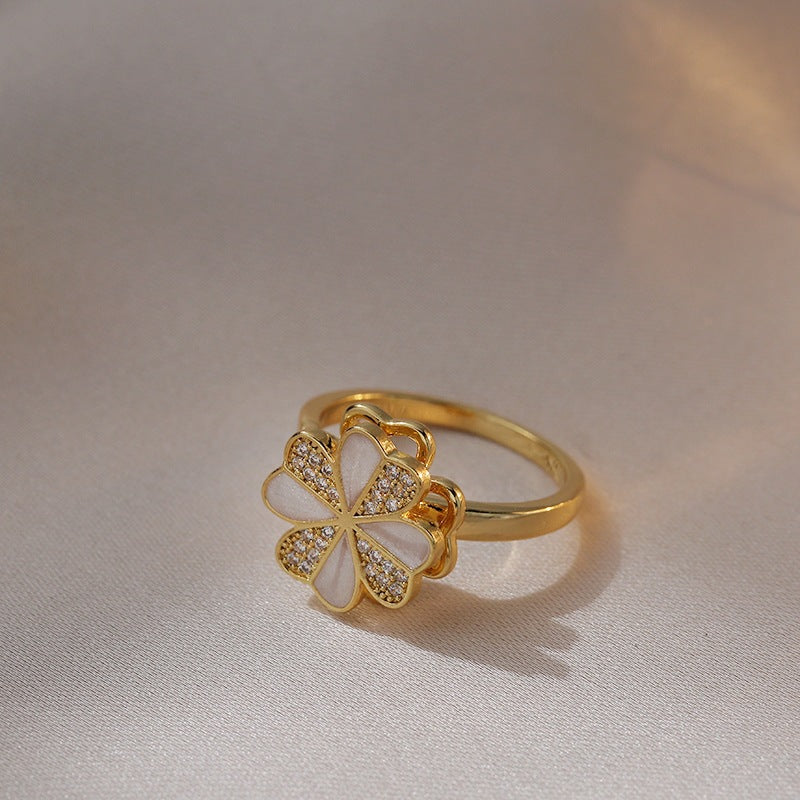 Rotating Zircon Four-Leaf Clover Ring for Women
