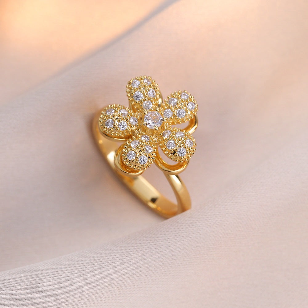 Rotating Zircon Four-Leaf Clover Ring for Women