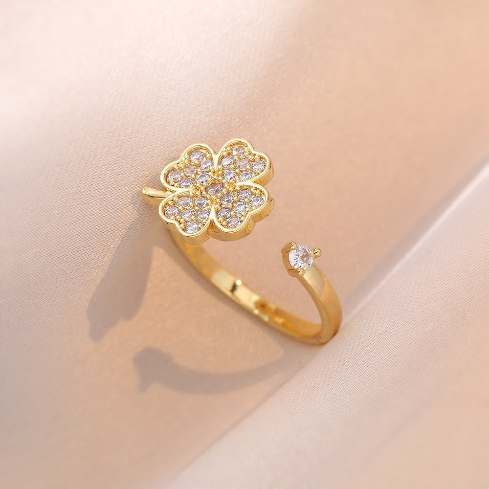 Rotating Zircon Four-Leaf Clover Ring for Women