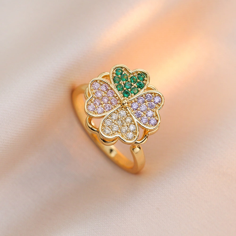Rotating Zircon Four-Leaf Clover Ring for Women